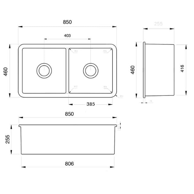 Technical Drawing Turner Hastings Cuisine 85 x 46 Double Inset / Undermount Fine Fireclay Matte White Sink CUD853FS-MW - The Blue Space