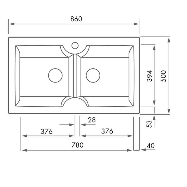 Technical Drawing Turner Hastings Cuisine 86 x 50 Inset / Undermount Fine Fireclay Sink - Double Bowl with Taphole - Gloss White CUD86FS - The Blue Space