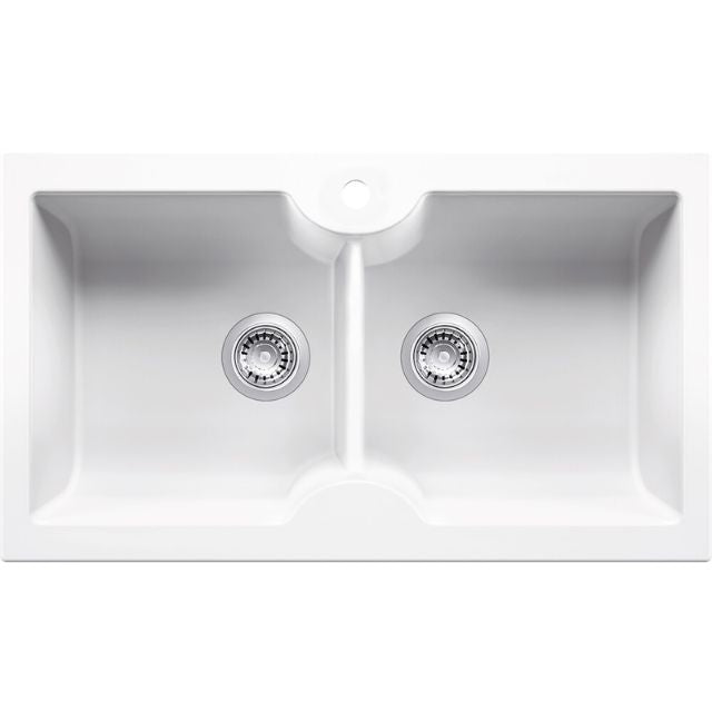 Turner Hastings Cuisine 86 x 50 Inset / Undermount Fine Fireclay Sink - Double Bowl with Taphole - Gloss White CUD86FS - The Blue Space