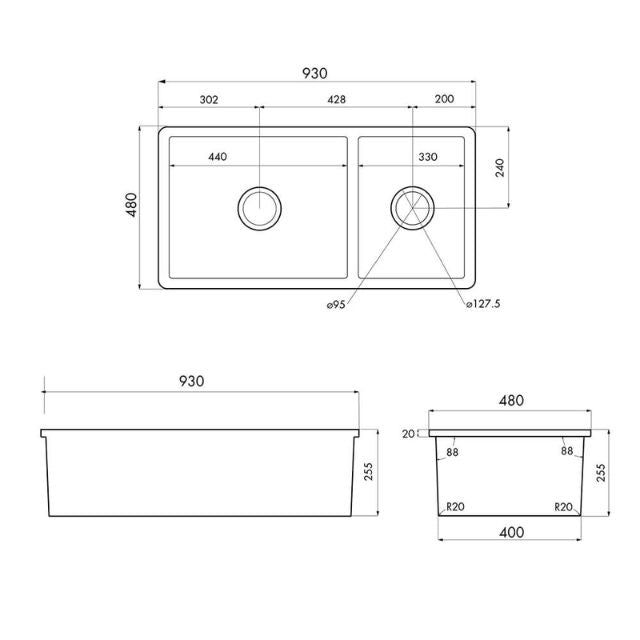 Technical Drawing Turner Hastings Cuisine 93 x 48 One And A Half Bowl Inset/Undermount Fine Fireclay Matte Black Sink CUD93FS-MB - The Blue Space