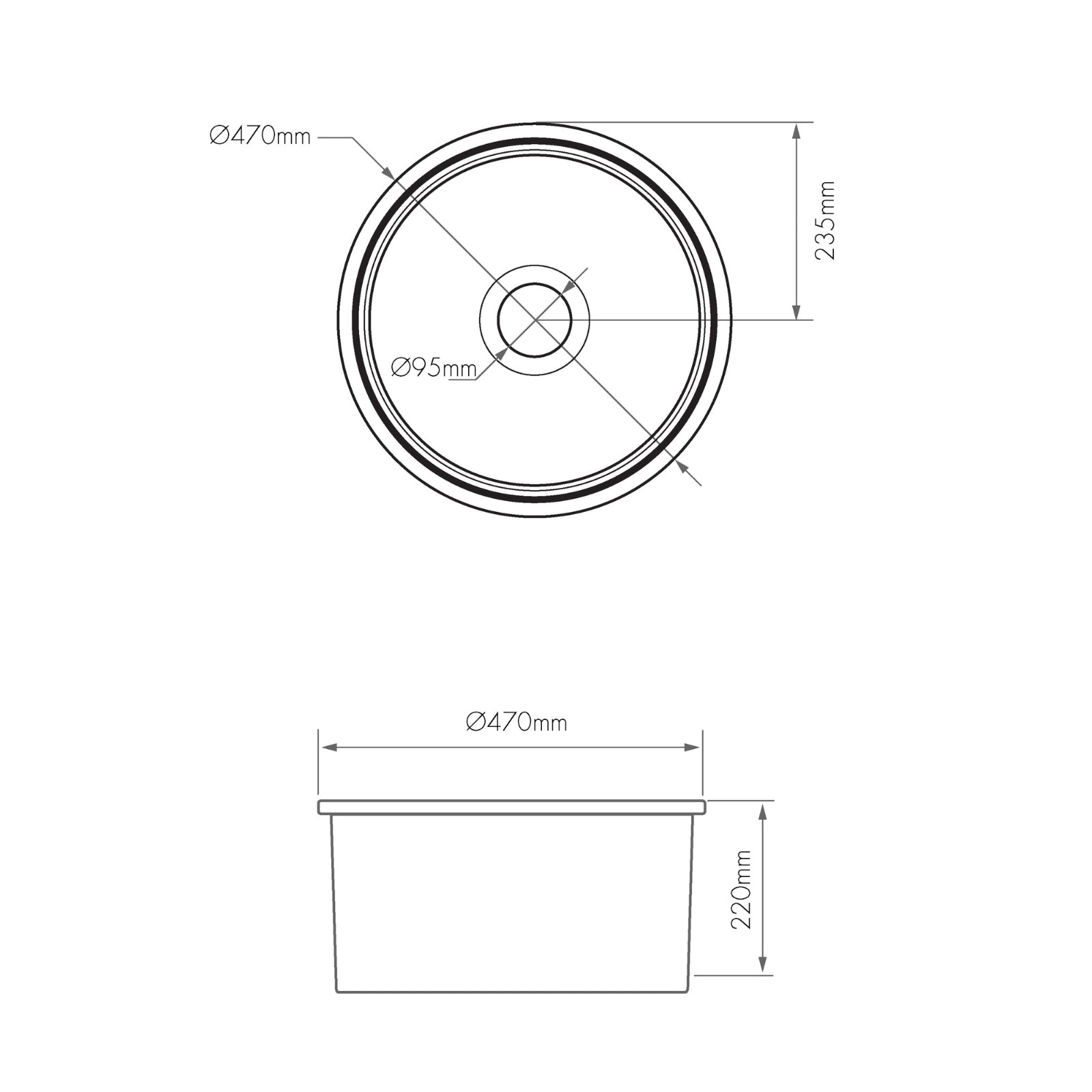 Technical Drawing Turner Hastings Cuisine Round 47 Inset/Undermount Matte White Sink CUR473FS-MW - The Blue Space