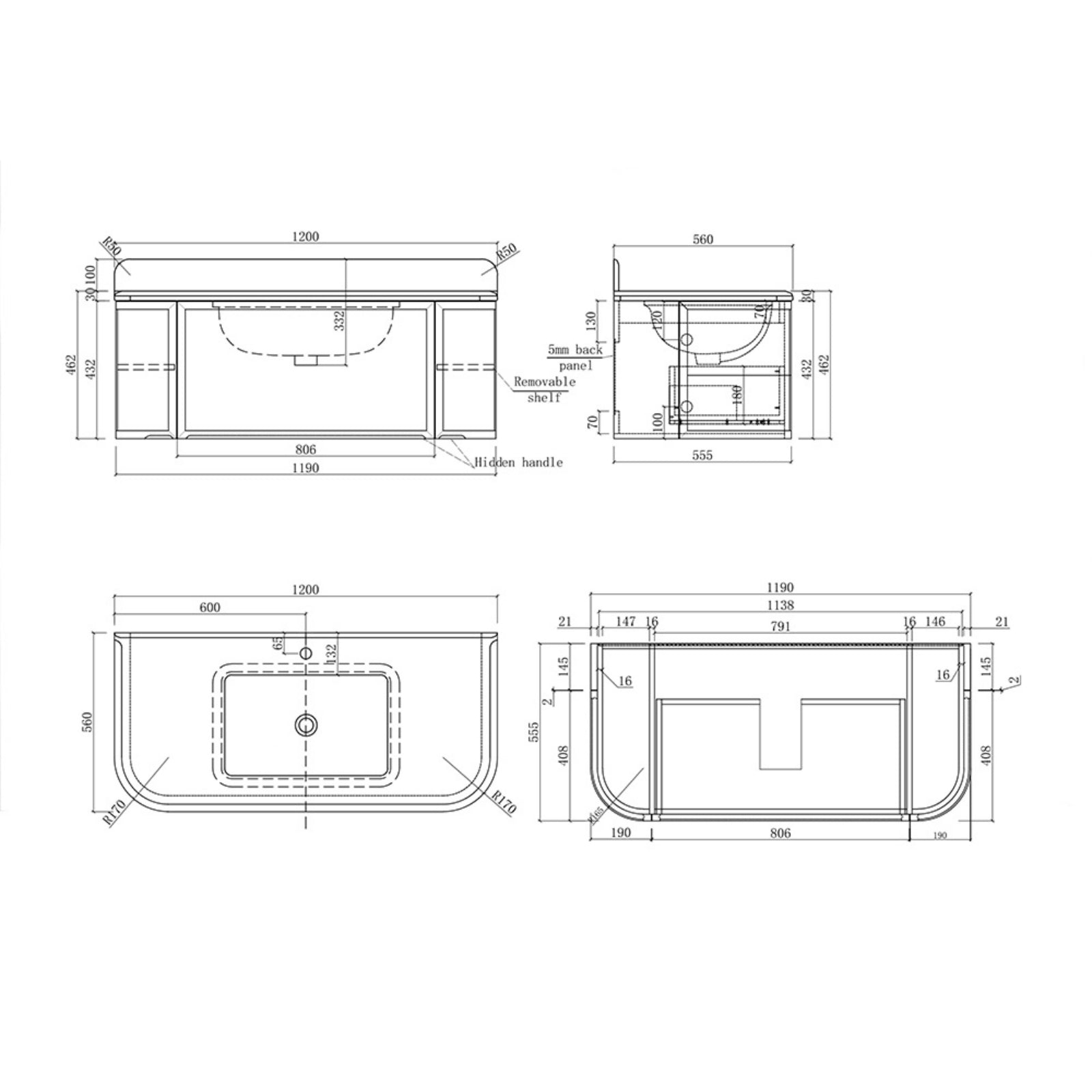 Spec Sheet Turner Hastings Evara 120 x 53 Wall Hung Vanity with Real Marble Top & Under Counter Basin - White EV120-WH-1TH - The Blue Space