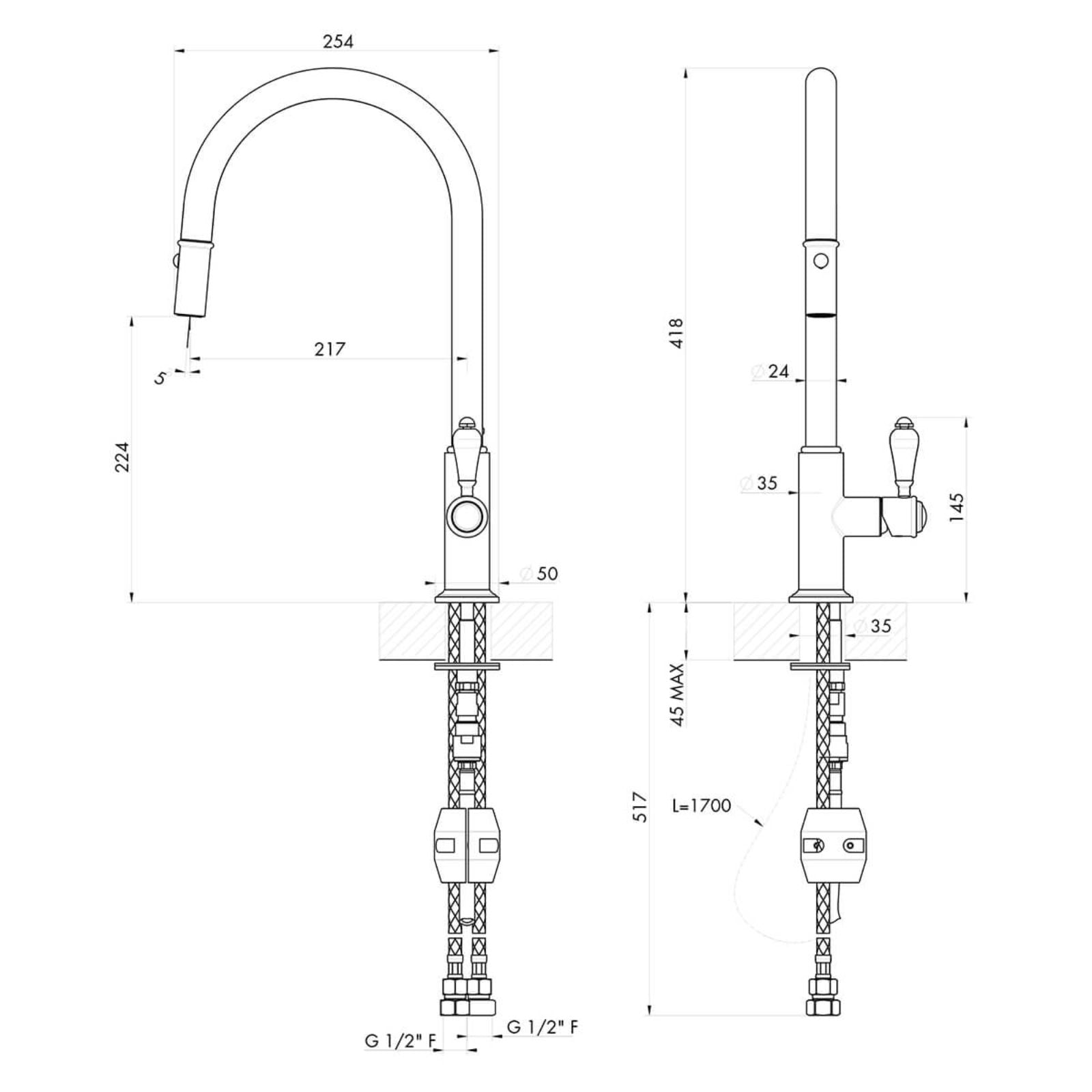Technical Drawing Turner Hastings Ludlow Pull Out Mixer Tap - English Bronze LU112PM-EB - The Blue Space