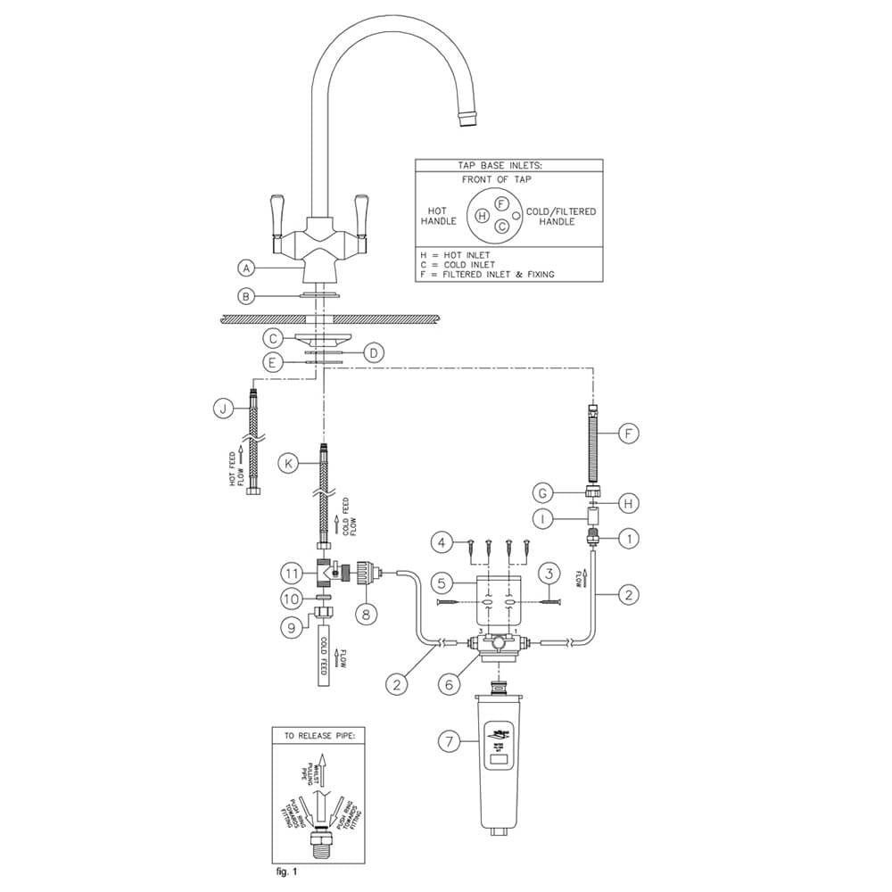 Technical Drawing Turner Hastings Ludlow Purifier Mixer with Filter Cartridge - Brushed Brass LU203KT-BB - The Blue Space