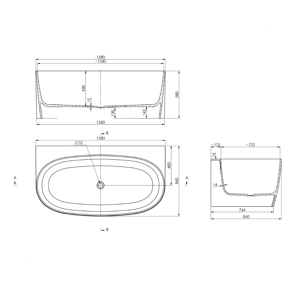 Technical Drawing Turner Hastings Narva 158 x 86 MagnaCast Back To Wall Bath - Gloss White No Overflow NA1580MCB-GW - The Blue Space