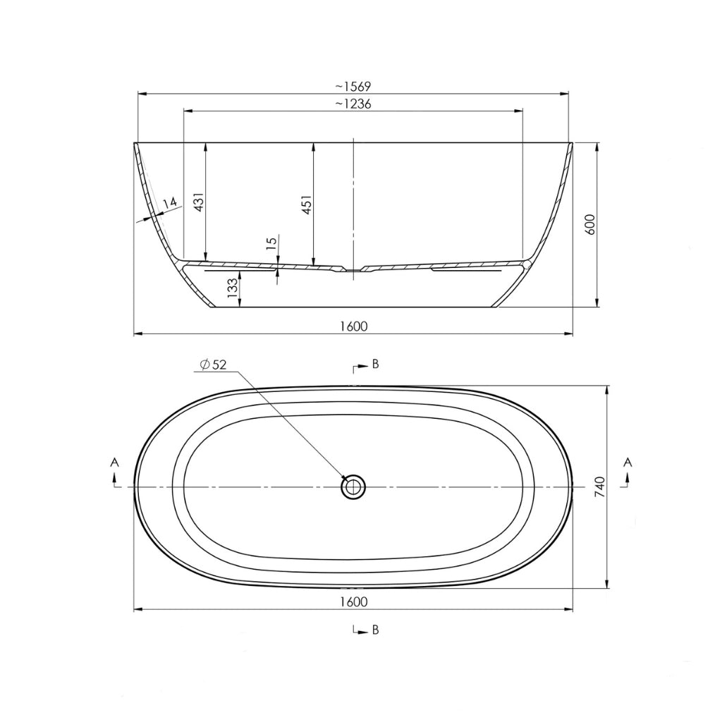 Technical Drawing Turner Hastings Narva 160 x 74 MagnaCast Free Standing Bath - Gloss White No Overflow NA1600MCB-GW - The Blue Space