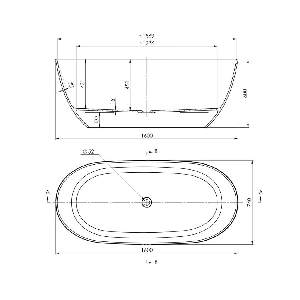 Technical Drawing Turner Hastings Narva 160 x 74 MagnaCast Free Standing Bath - Gloss White No Overflow NA1600MCB-GW - The Blue Space