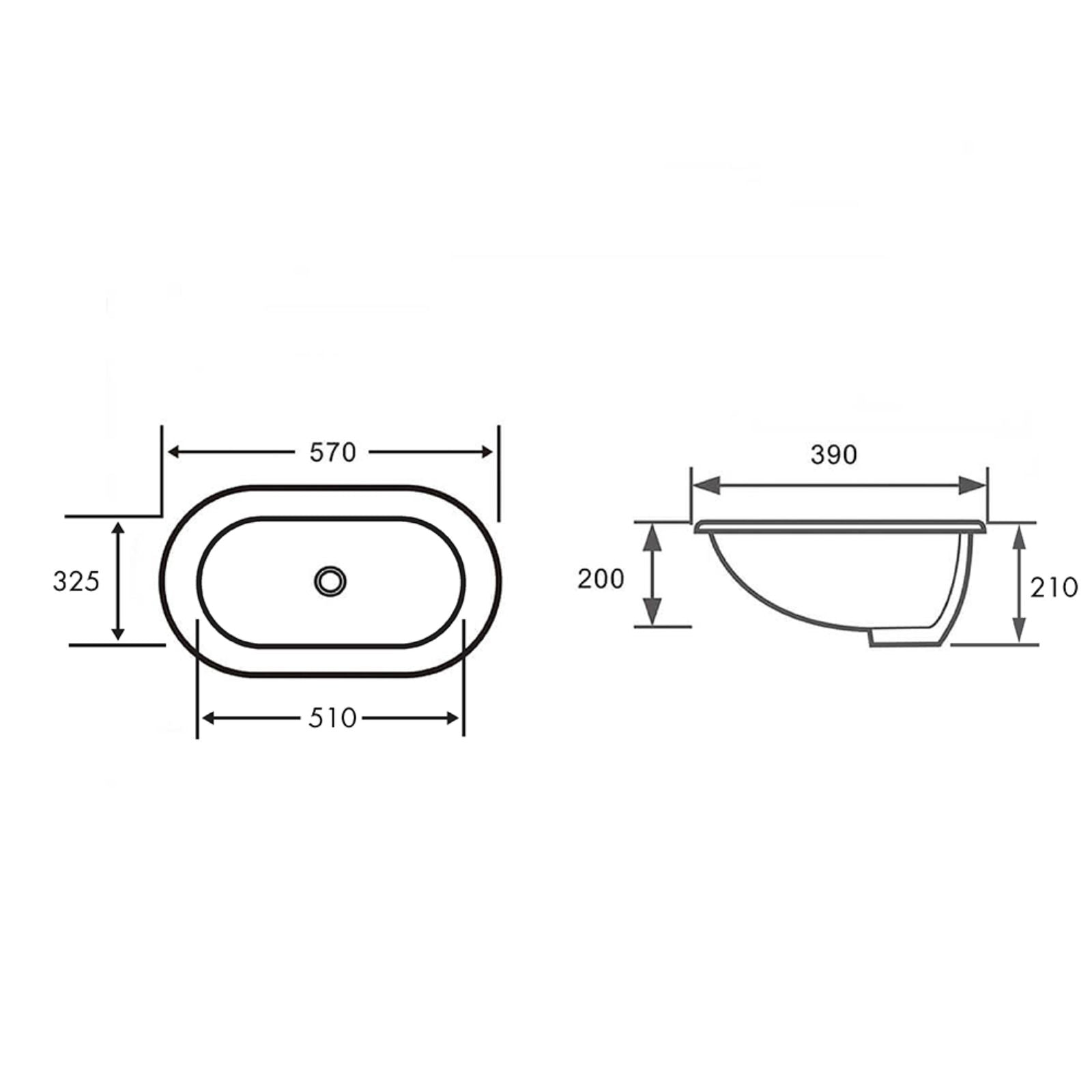 Technical Drawing Turner Hastings Narva 57x 39 Undercounter Pill Basin - Matte Black NA572UPB-MB - The Blue Space
