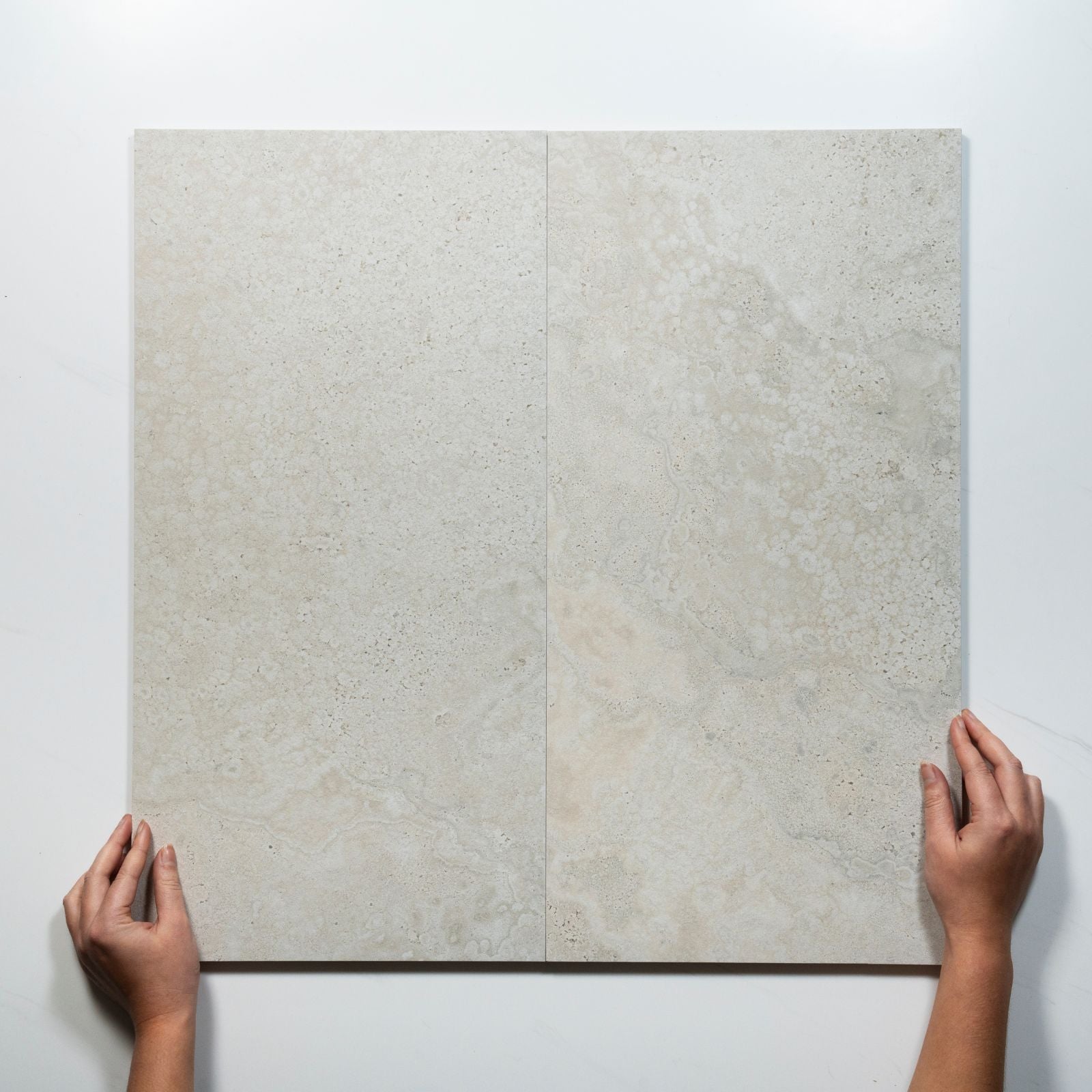 Pattern with Hand Tuscan White Travertine Look Tile 300mm x 600mm 36CRWWHM - The Blue Space