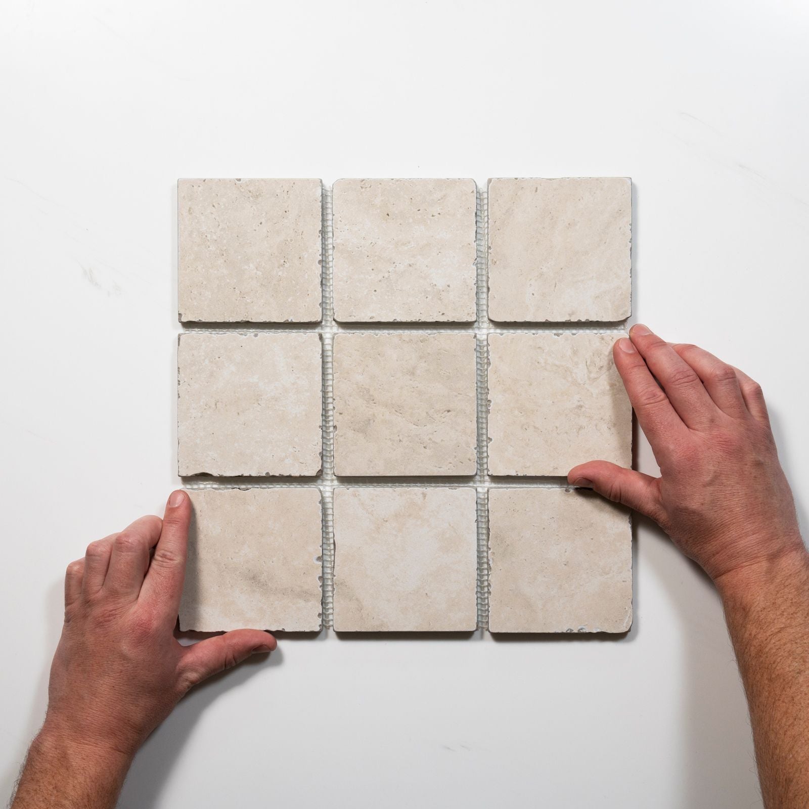 WIth Hand Valerie Cream Travertine Straight Bond Cobblestone Porcelain Tile Sheets TRVBETGCOBST - The Blue Space