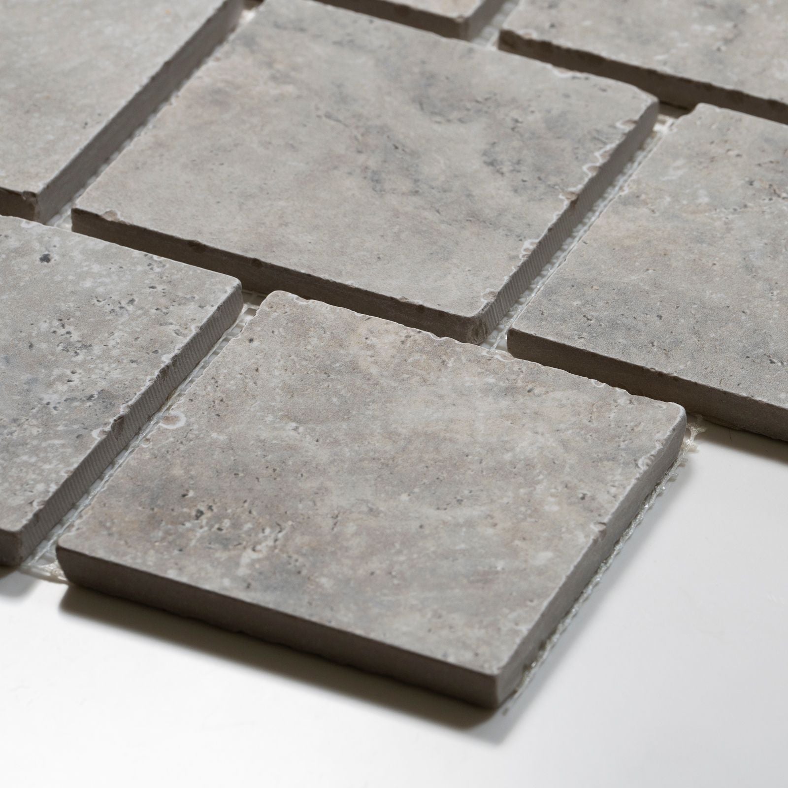 Oblique Valerie Grey Travertine Brick Bond Cobblestone Porcelain Tile Sheets TRVPETGCOBBB - The Blue Space