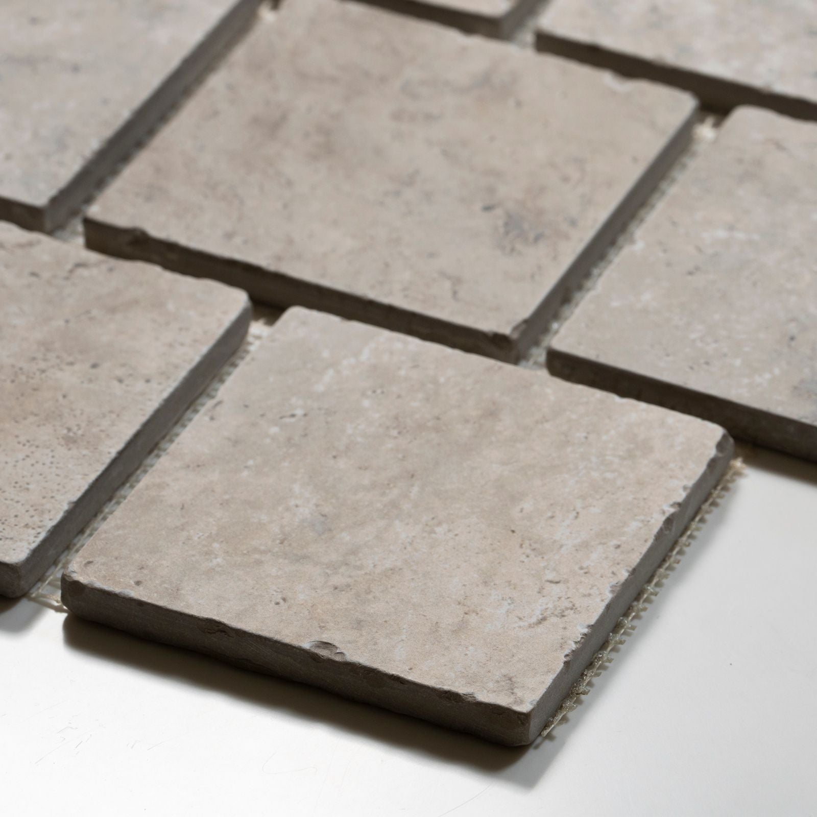 Oblique Valerie Ivory Travertine Brick Bond Cobblestone Porcelain Tile Sheets TRVBITGCOBBB - The Blue Space