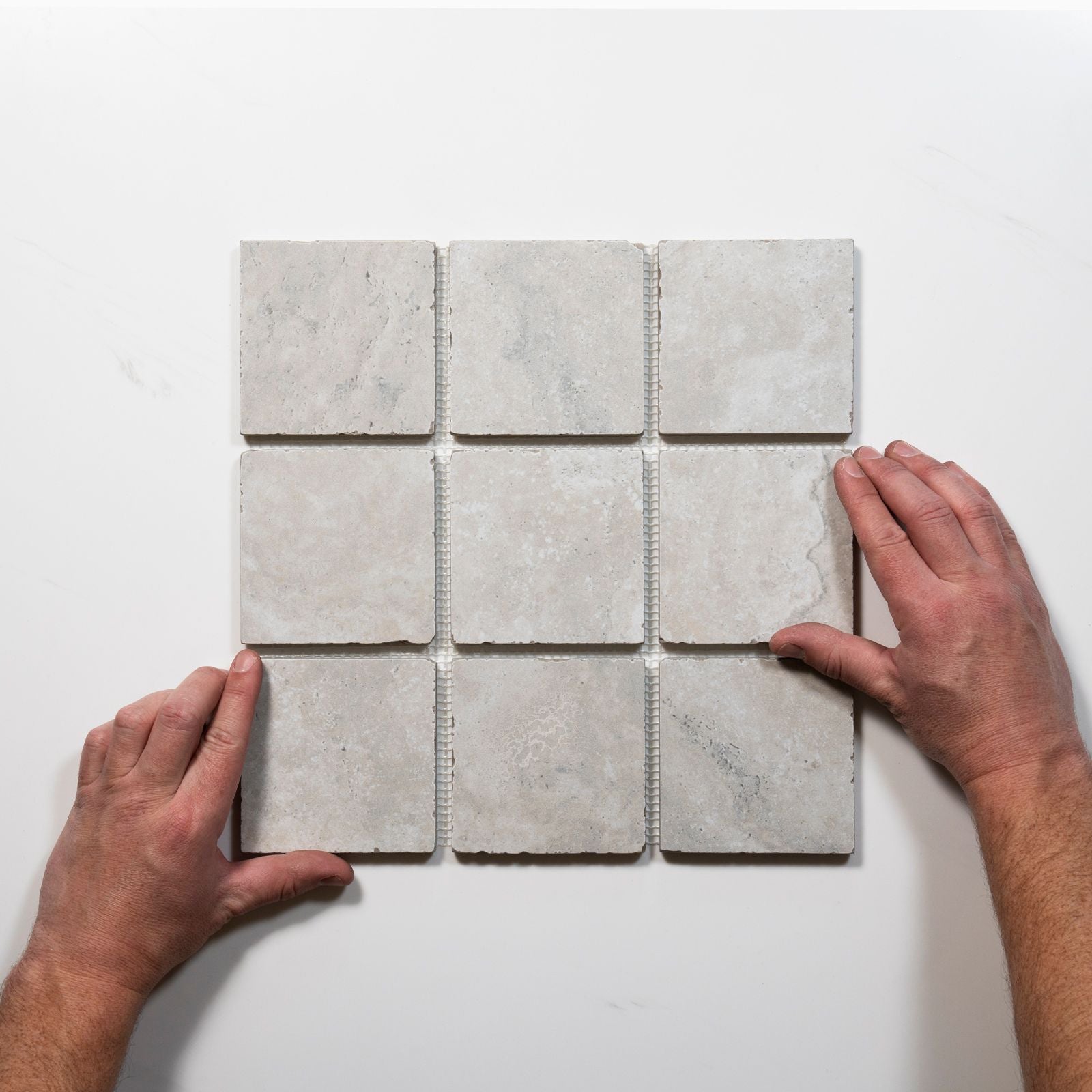 With Hand Valerie Silver Travertine Straight Bond Cobblestone Porcelain Tile Sheets TRVICTGCOBST - The Blue Space