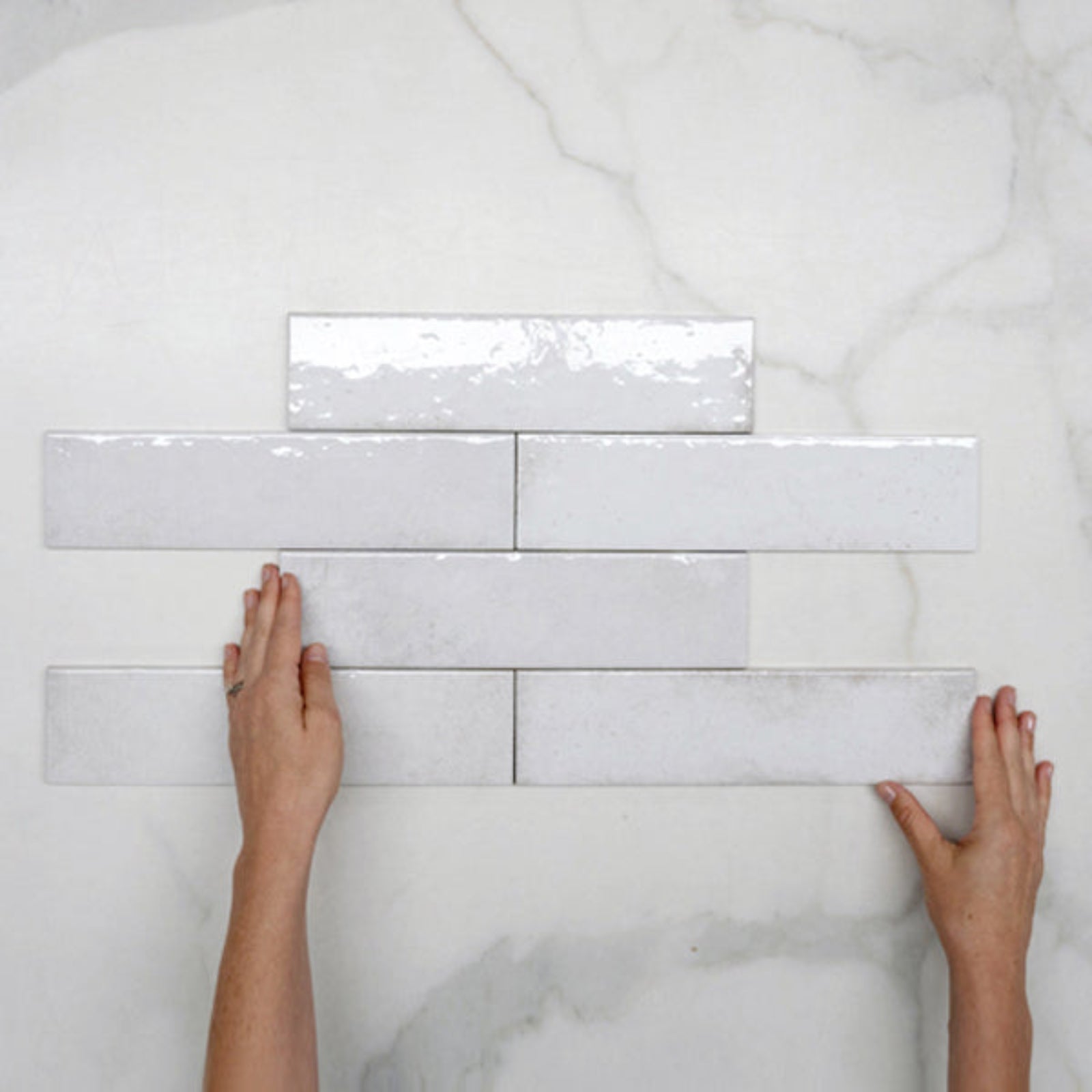 Pattern With Hand White Andrea Subway Tile Textural Gloss 75 x 300 x 8mm Italian Porcelain - The Blue Space