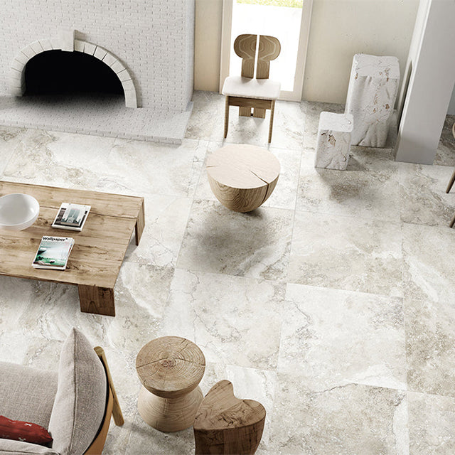 White Classico Travertine Italian Porcelain Tile 600x600x9mm | The Blue Space