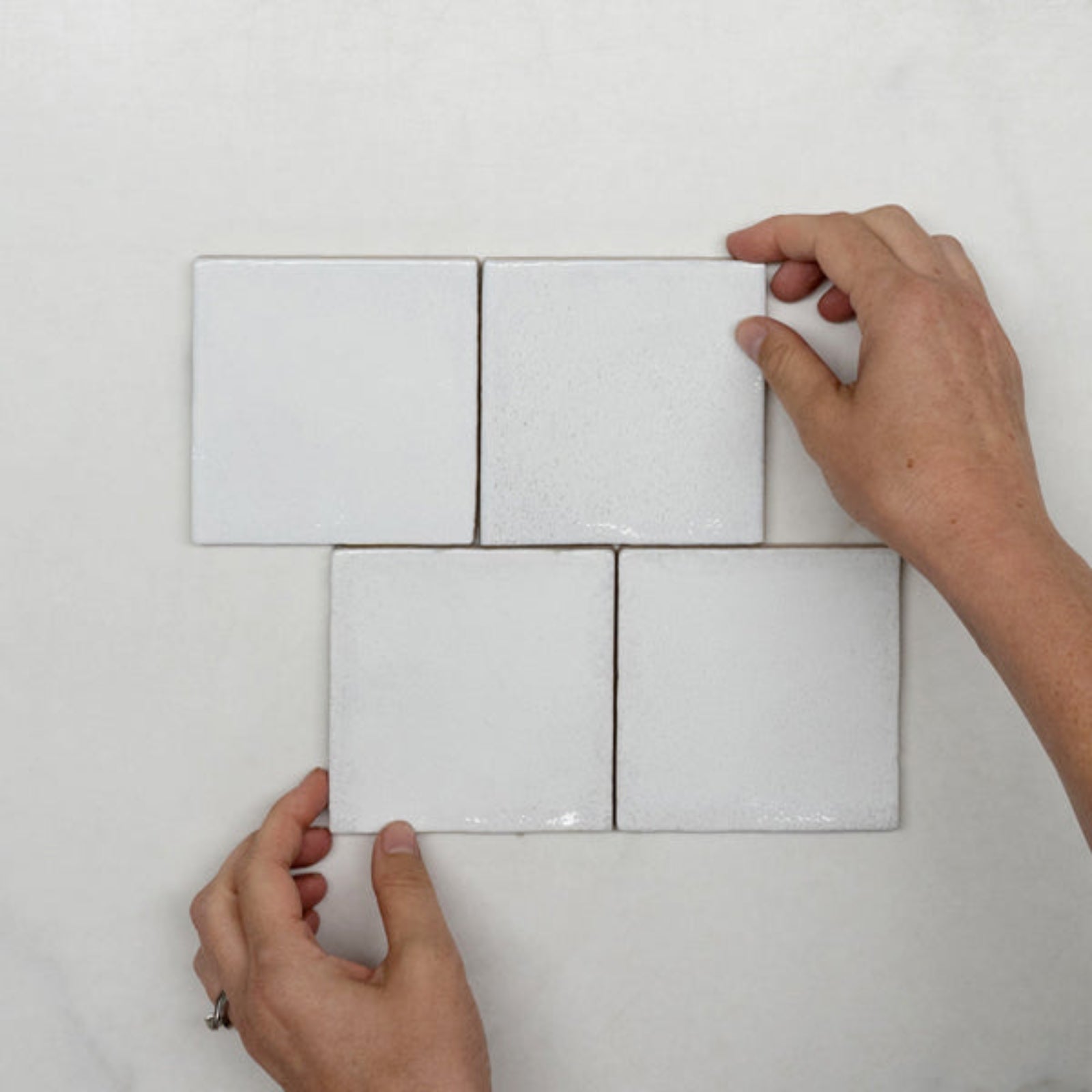 Pattern With Hand White Dianna Zellige Tile 100 x 100 x 9mm Spanish Ceramic - The Blue Space