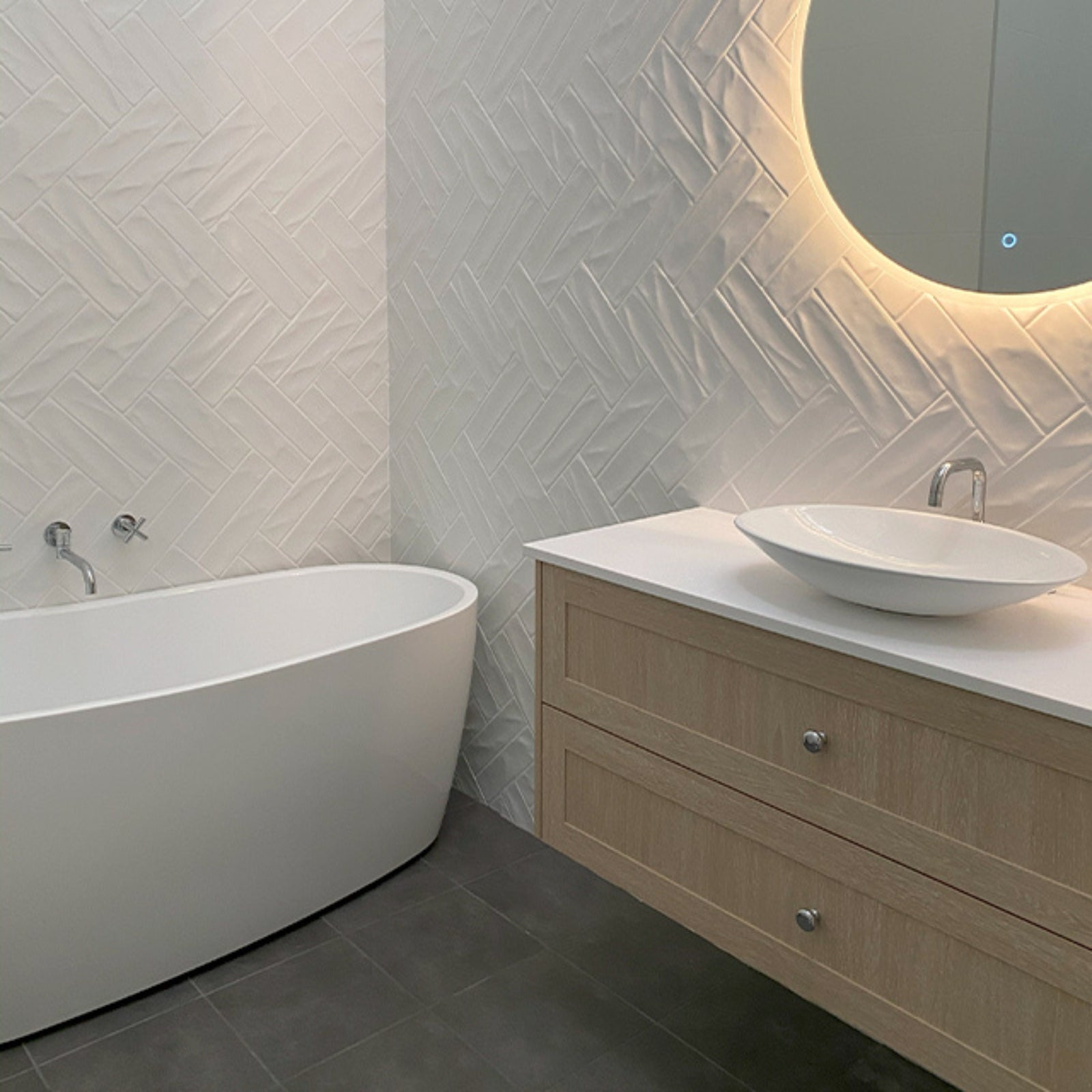 Bathroom Whitehaven White Wavy Satin Ceramic Subway Tile 68x280mm HAMWHS13 - The Blue Space