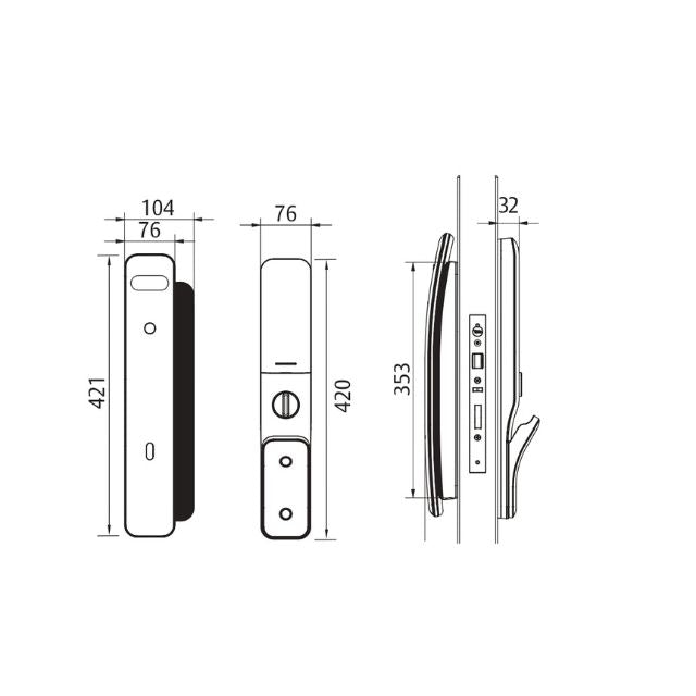 Line Drawing Yale Luna Pro+ Smart Push/Pull Mortice Lock with Yale Home Module Graphite YLN/60/HK/CG - The Blue Space