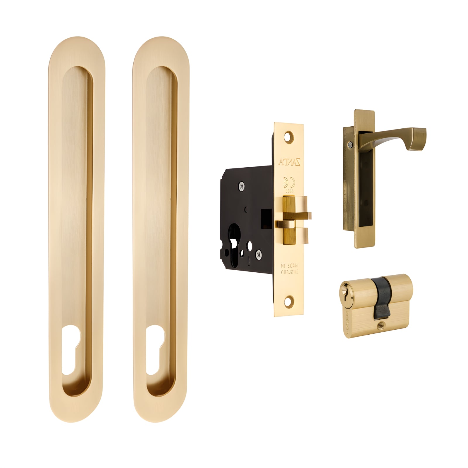 Zanda Duke Sliding Door Euro Lock Kit 250 x 40mm Satin Brass 1185.SB - The Blue Space