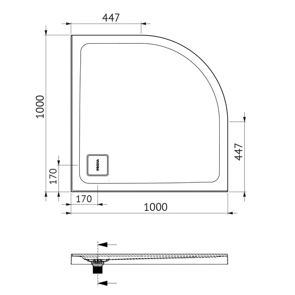 Decina Luna 1000 Curved Shower Base Technical Drawing - The Blue Space