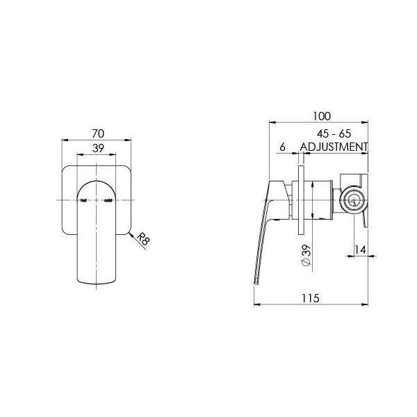Technical Drawing - Phoenix Mekko Shower/Wall Mixer - Matte Black