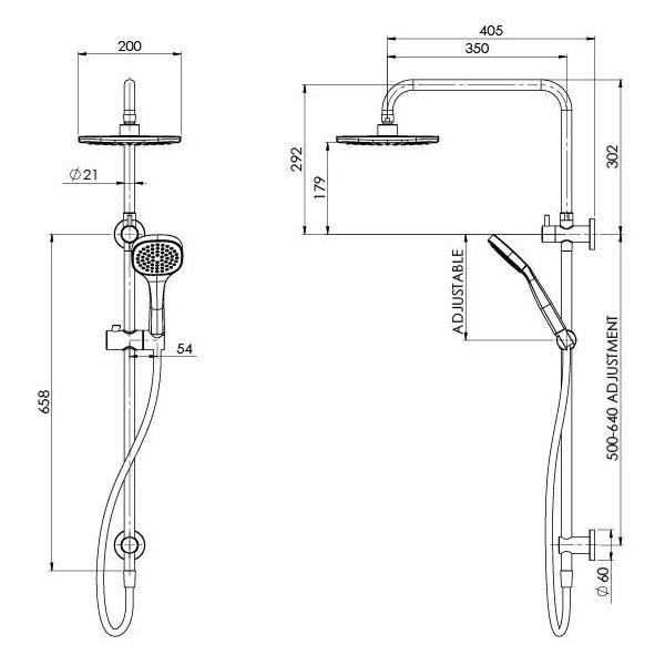 Technical Drawing - Phoenix Teva Twin Shower - The Blue Space