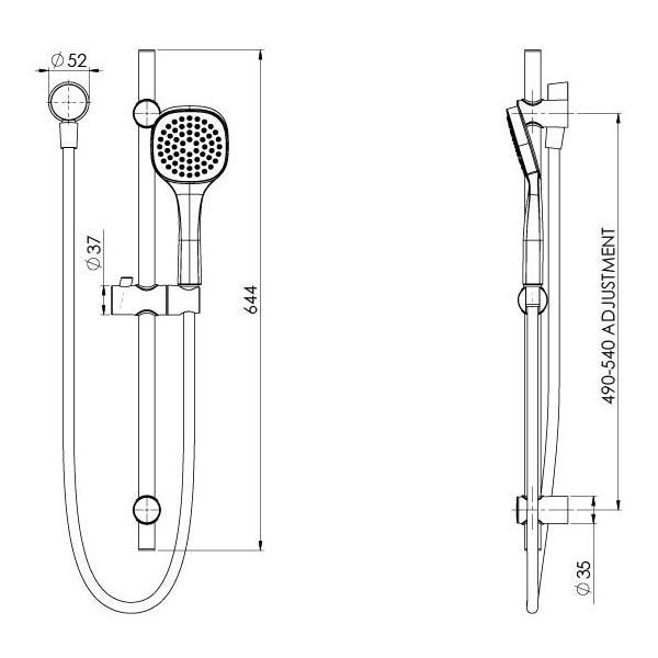 Technical Drawing - Phoenix Teva Rail Shower - The Blue Space