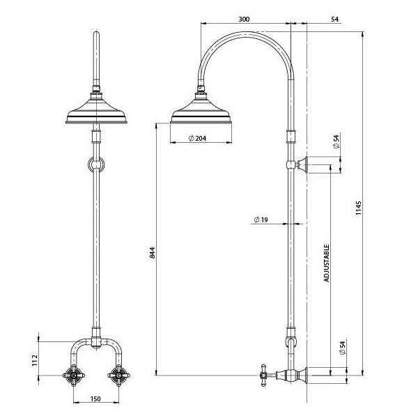 Technical Drawing - Phoenix Nostalgia Exposed Shower Set