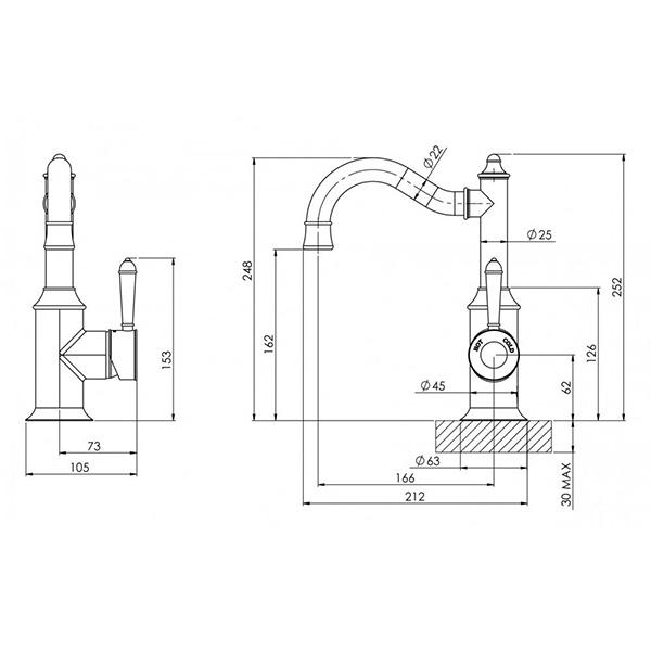 Phoenix Nostalgia Basin Mixer 160mm Shepherds Crook - Antique Black -specs - line drawing and dimensions