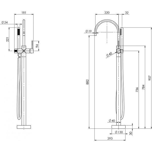 Technical Drawing - Phoenix Vivid Slimline Floor Mounted Bath Mixer with Hand Shower - Chrome