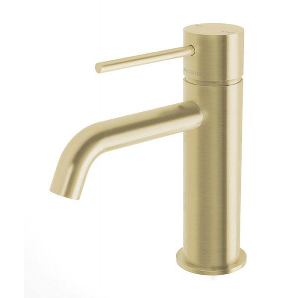 Phoenix Vivid Slimline Basin Mixer Curved Outlet - Brushed Gold Online at the Blue Space