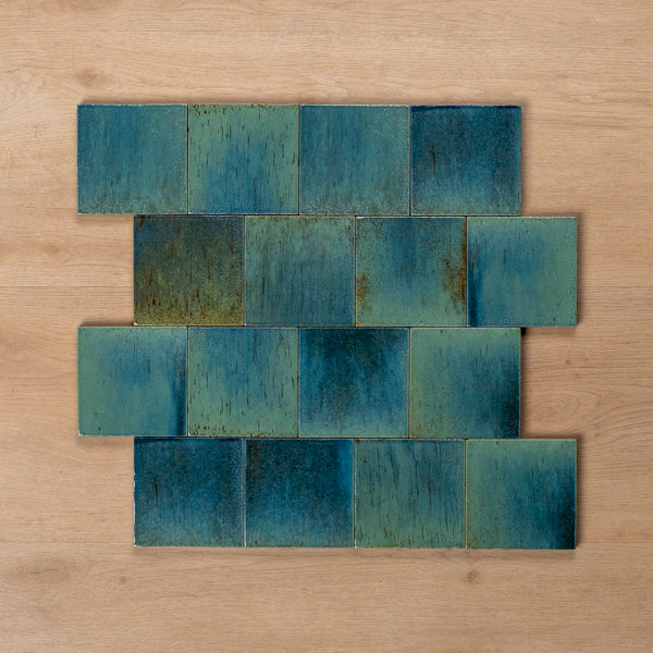 Sicily Turchese Blue Gloss Cushioned Edge Porcelain Tile 100x100mm Offset Pattern - The Blue Space