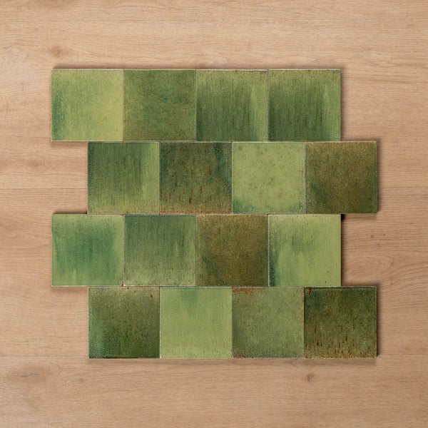 Sicily Giada Green Gloss Cushioned Edge Porcelain Tile 100x100mm Offset Pattern - The Blue Space