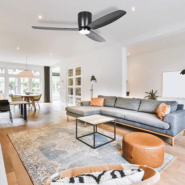 Eglo Seacliff 52" 132cm DC Ceiling Fan with 15W LED CCT Light Black online at The Blue Space | Coastal Living Area with Black Fan