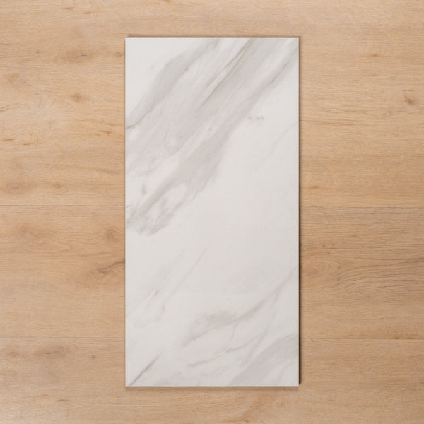 Perisher White Marble Polished Rectified Porcelain Tile 300x600mm - The Blue Space