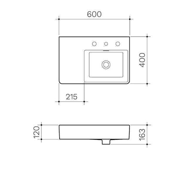 Clark Square Wall Basin Left Hand Shelf 600mm No Tapholes - dimensions