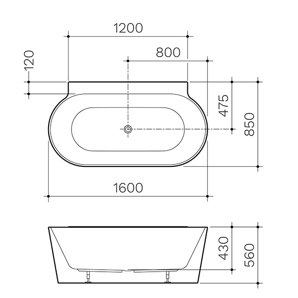 Clark Round Back To Wall Freestanding Bath 1600mm dimensions