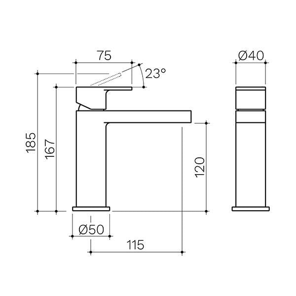 Clark Round Square Basin Mixer - Matte Black - dimensions