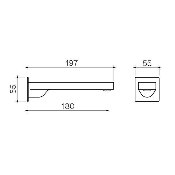 Clark Square Wall Basin/Bath Outlet 180mm - Matte Black - line drawing