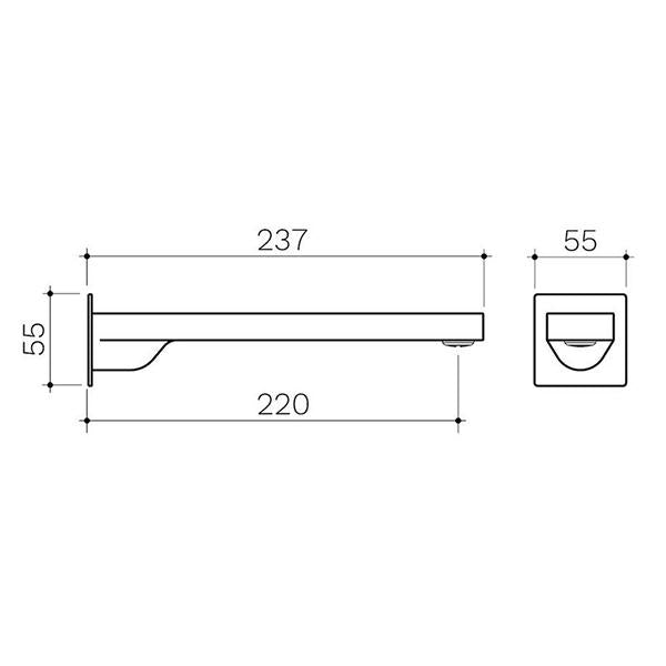 Clark Square Wall Basin/Bath Outlet 220mm - Matte Black - Line Drawings