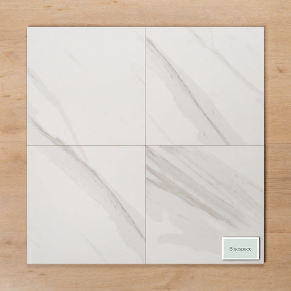 Perisher White Marble Matt Rectified Porcelain GP Tile 300x300mm Quad Tiles - The Blue Space