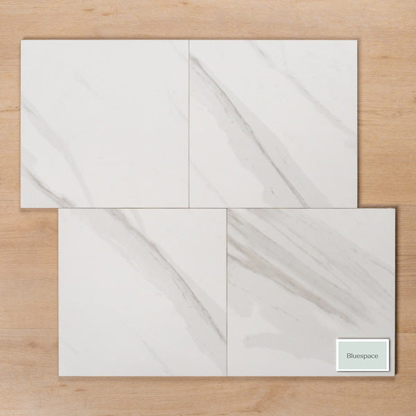Perisher White Marble Matt Rectified Porcelain GP Tile 300x300mm Quad Offset Pattern - The Blue Space