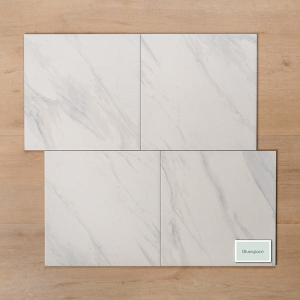 Kings Marble Carrara White Matt Cushioned Edge Ceramic Tile 300x300mm Offset Pattern - The Blue Space