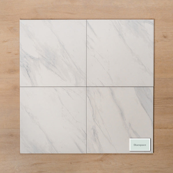 Kings Marble Carrara White Matt Cushioned Edge Ceramic Tile 300x300mm Straight Pattern - The Blue Space