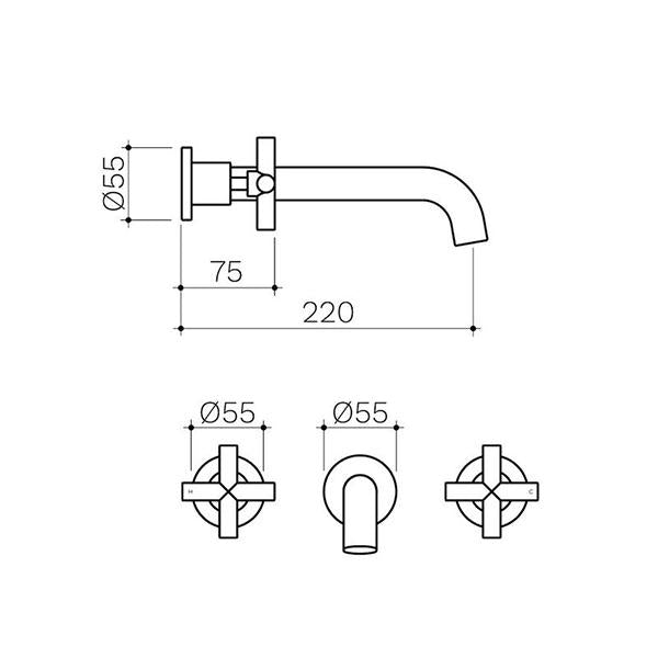 Clark Cross Wall Basin/Bath Set 220mm - Chrome - Dimensions