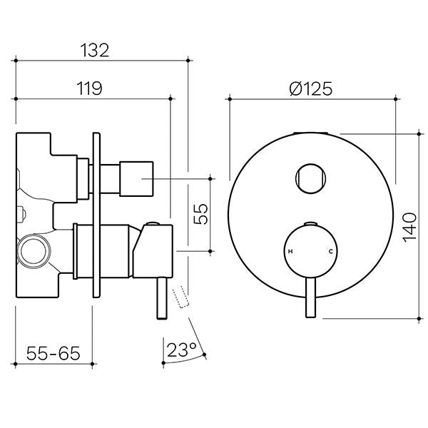 Clark Round Pin Wall Mixer with Diverter - Chrome - dimensions