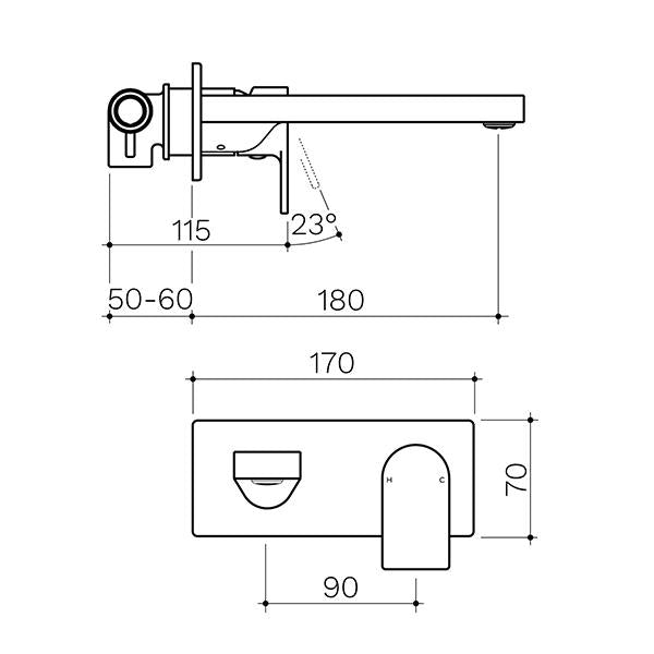 Clark Round Square Wall Basin/Bath Mixer 180mm - Matte Black - Dimensions