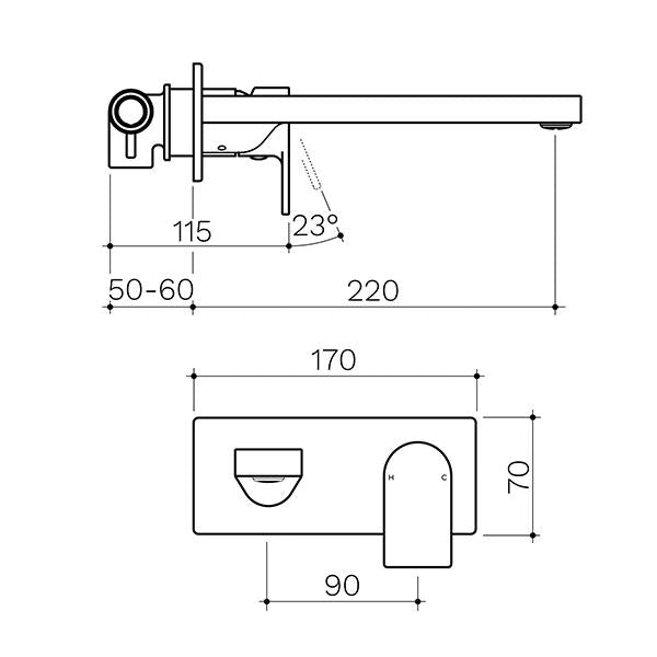 Clark Round Square Wall Basin/Bath Mixer 220mm - Matte Black - Dimensions