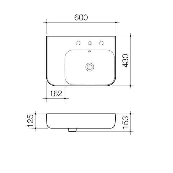 technical drawing - Caroma Tribute Left Hand Shelf Wall Basin 600mm