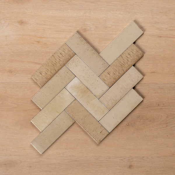 Sicily Beige Gloss Cushioned Edge Porcelain Tile 50x150mm Herringbone Pattern - The Blue Space